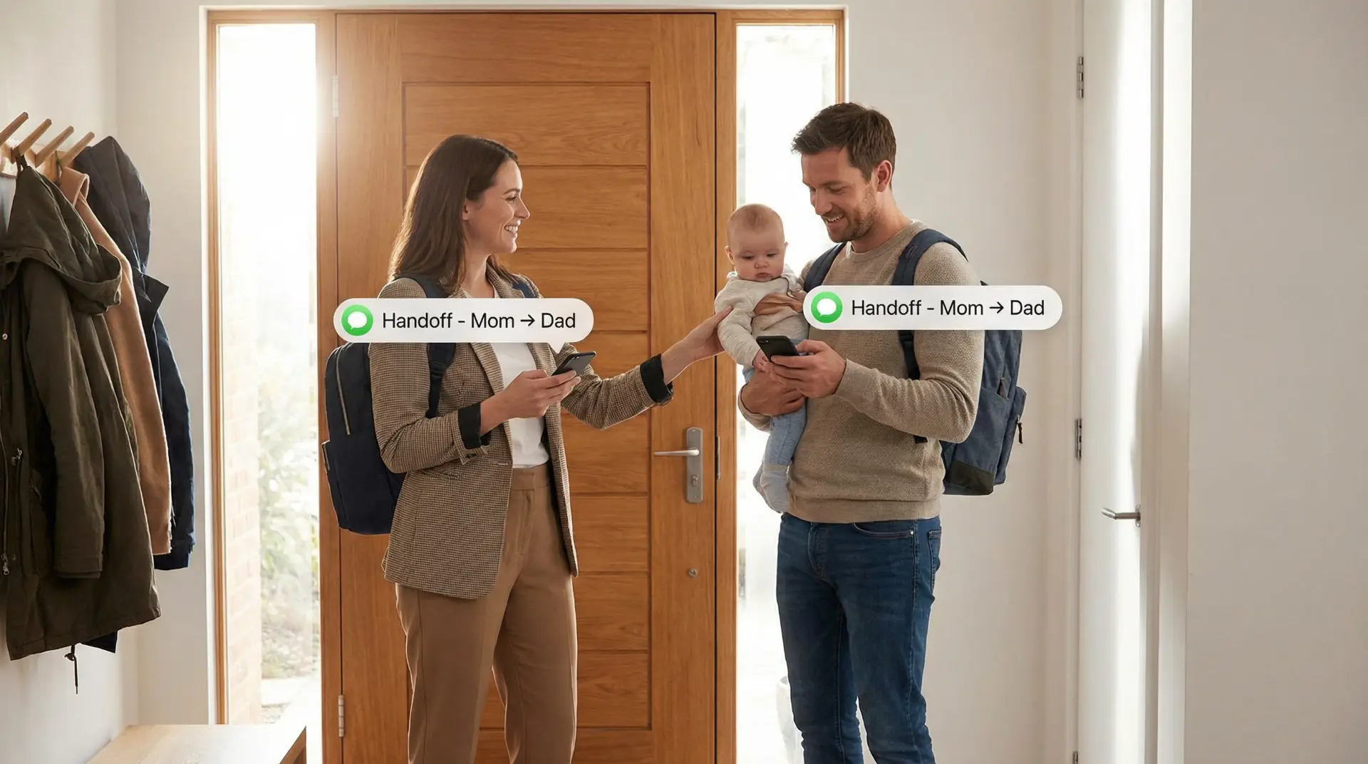 Family handoff - parents seamlessly transferring baby care responsibility